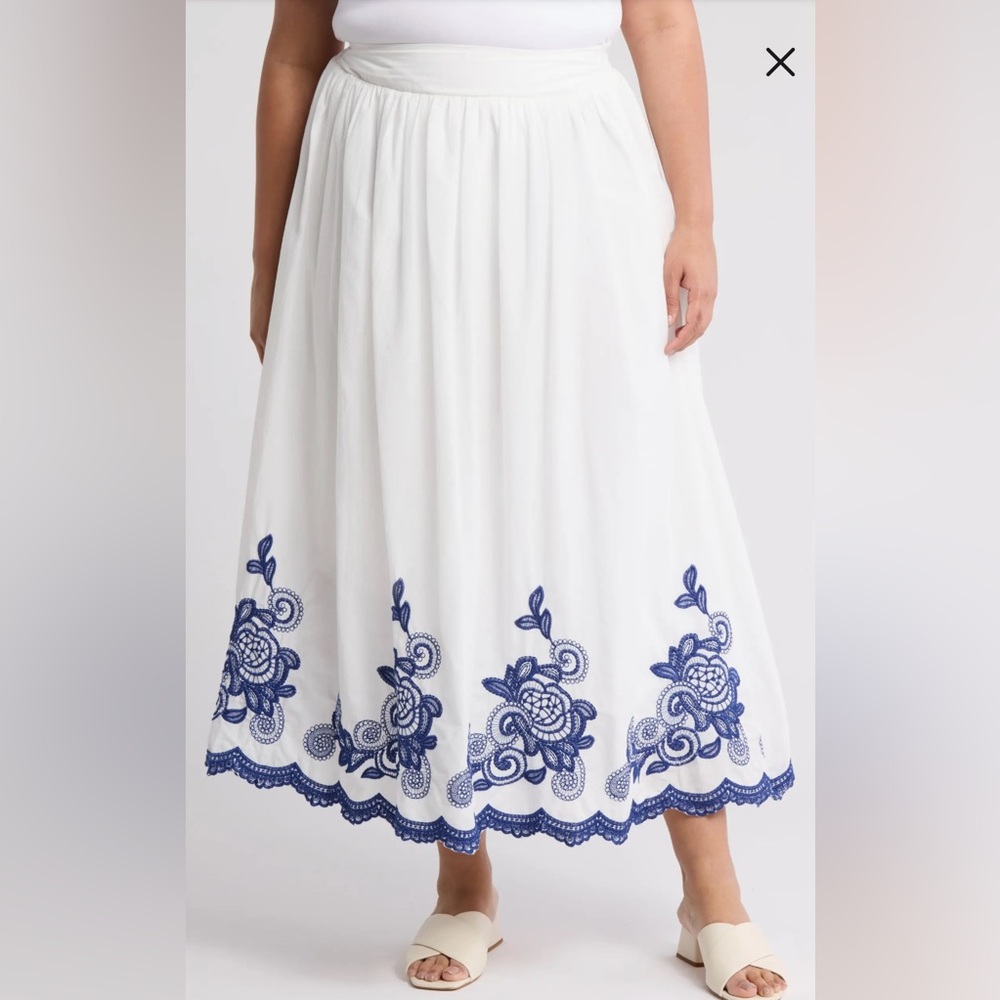 White Maxi Skirt with Navy Embroidery - Picture 2 of 7